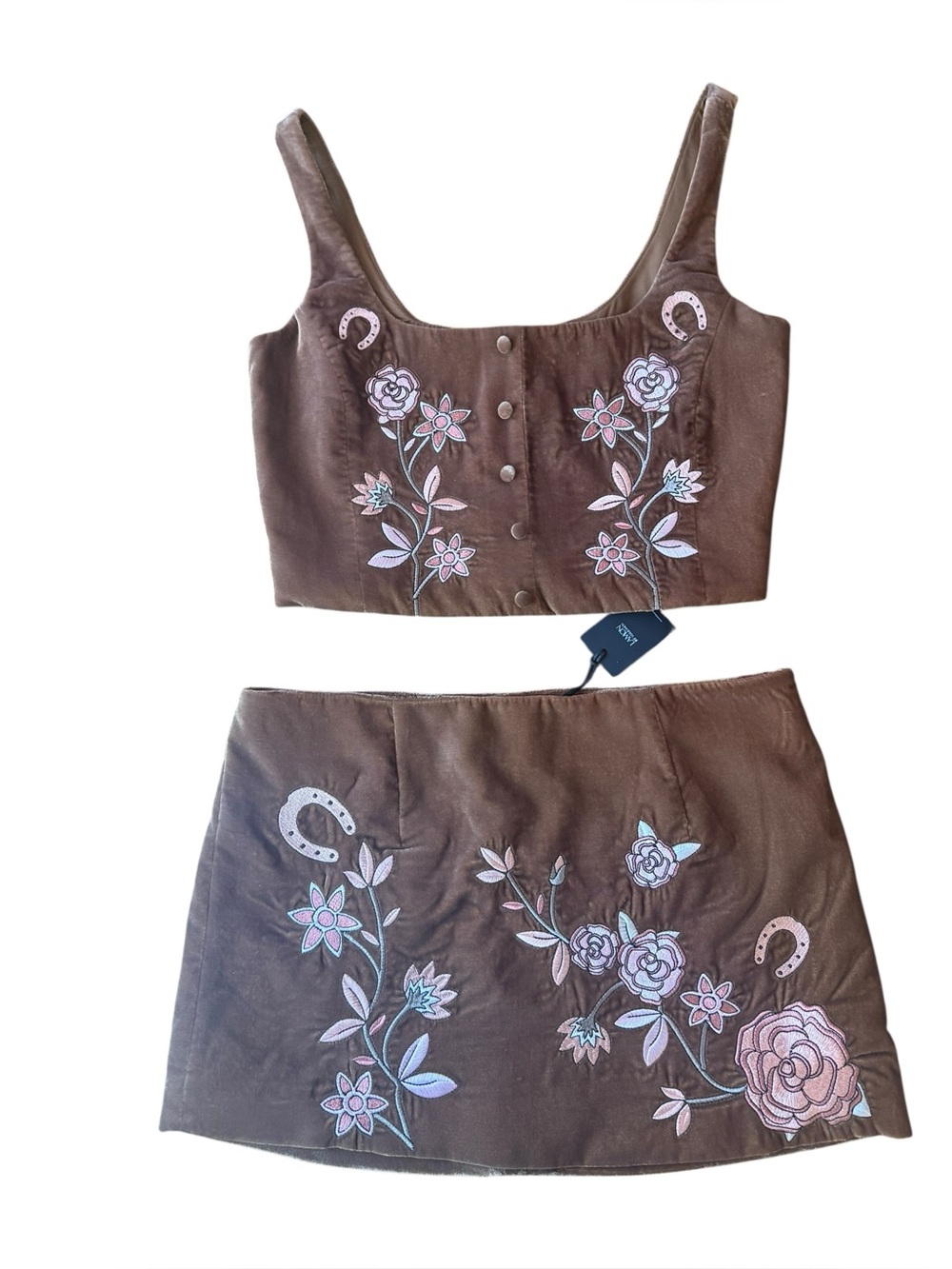 Brown Embroidered Floral Two-Piece Skirt Set - Women brushed velvet